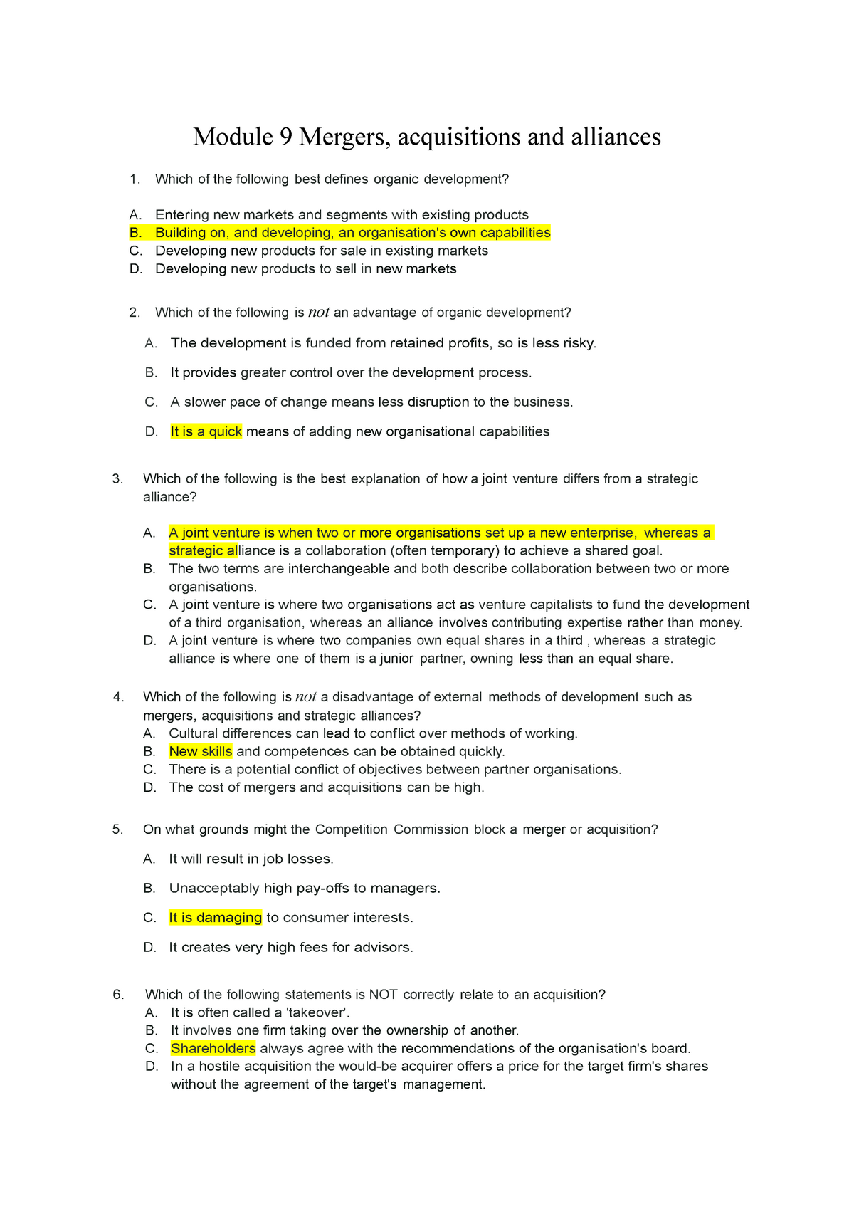 Week Quiz Strategic Management - Module 9 Mergers, Acquisitions And ...