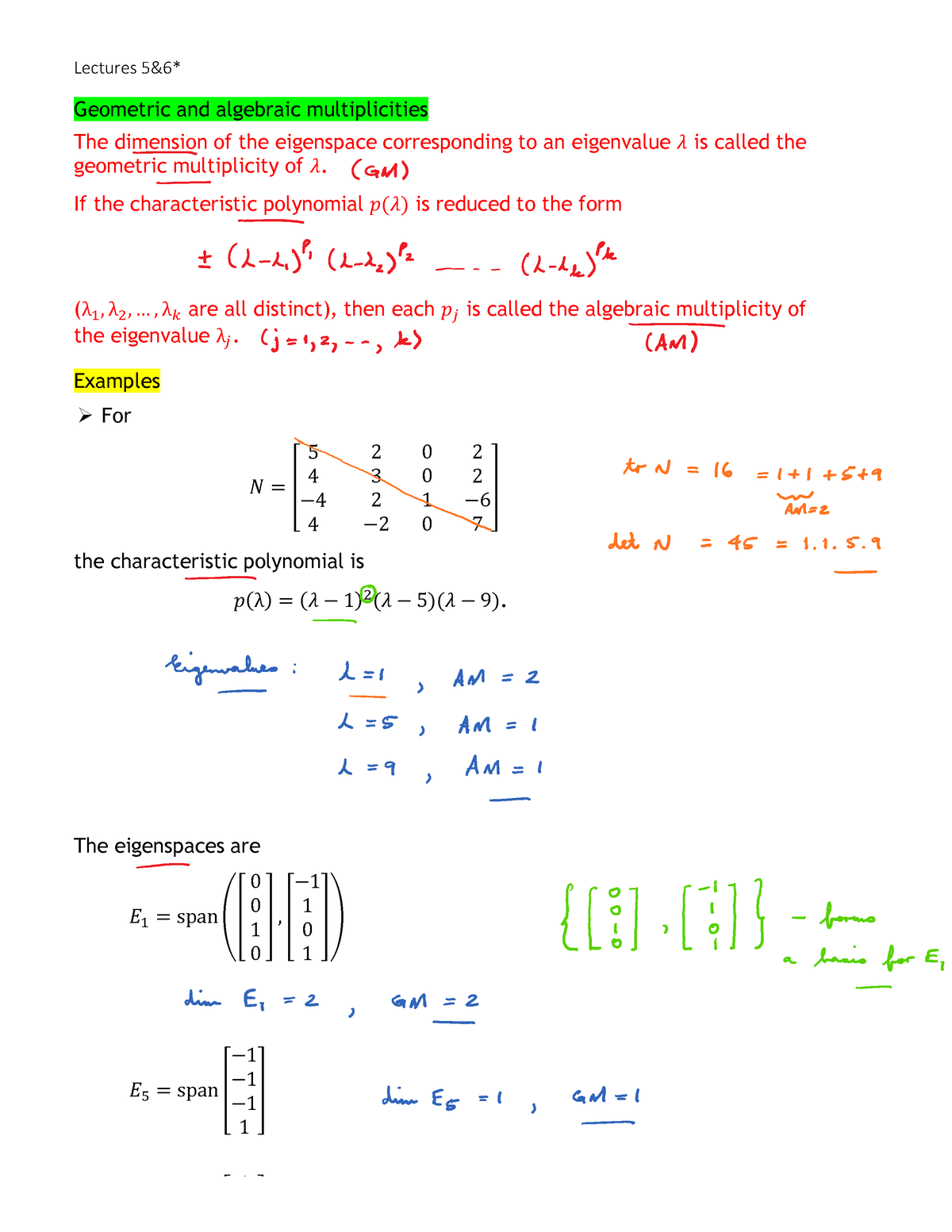 LA Week 2 - Studying Material - Geometric And Algebraic Multiplicities ...