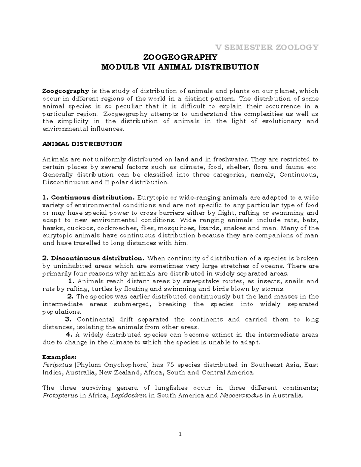 Zoogeography 11 i had to do it to take notes V SEMESTER ZOOLOGY