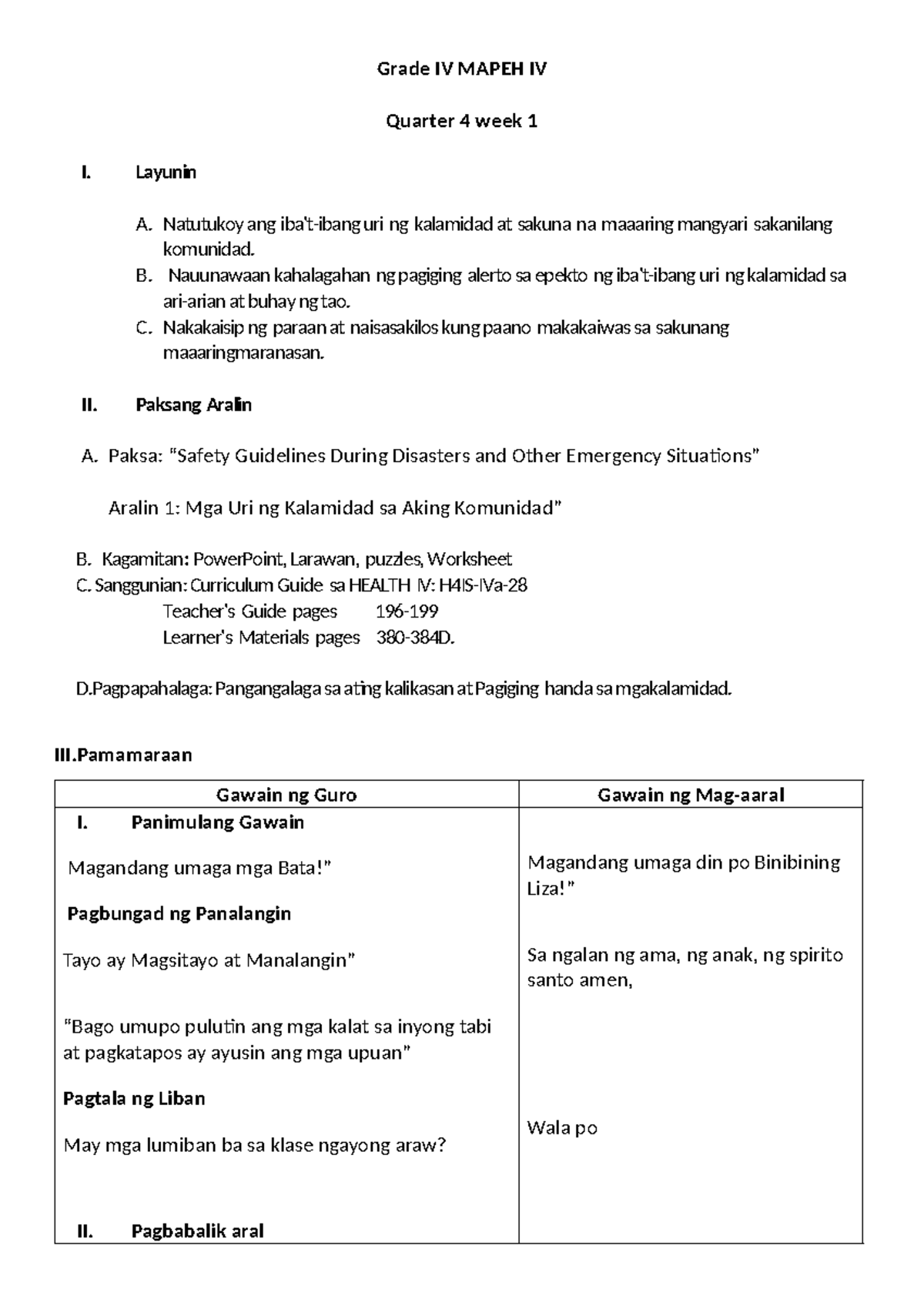 Lesson Final Grade IV Mapeh IV - Grade IV MAPEH IV Quarter 4 week 1 I ...