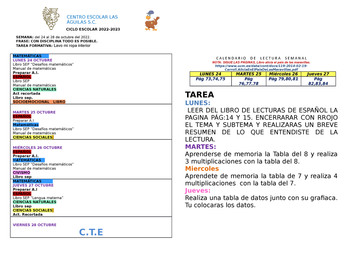 3° actividades 24 -28 de octubre - CICLO ESCOLAR 2022- SEMANA: del 24 al 28  de octubre del 2022. - Studocu