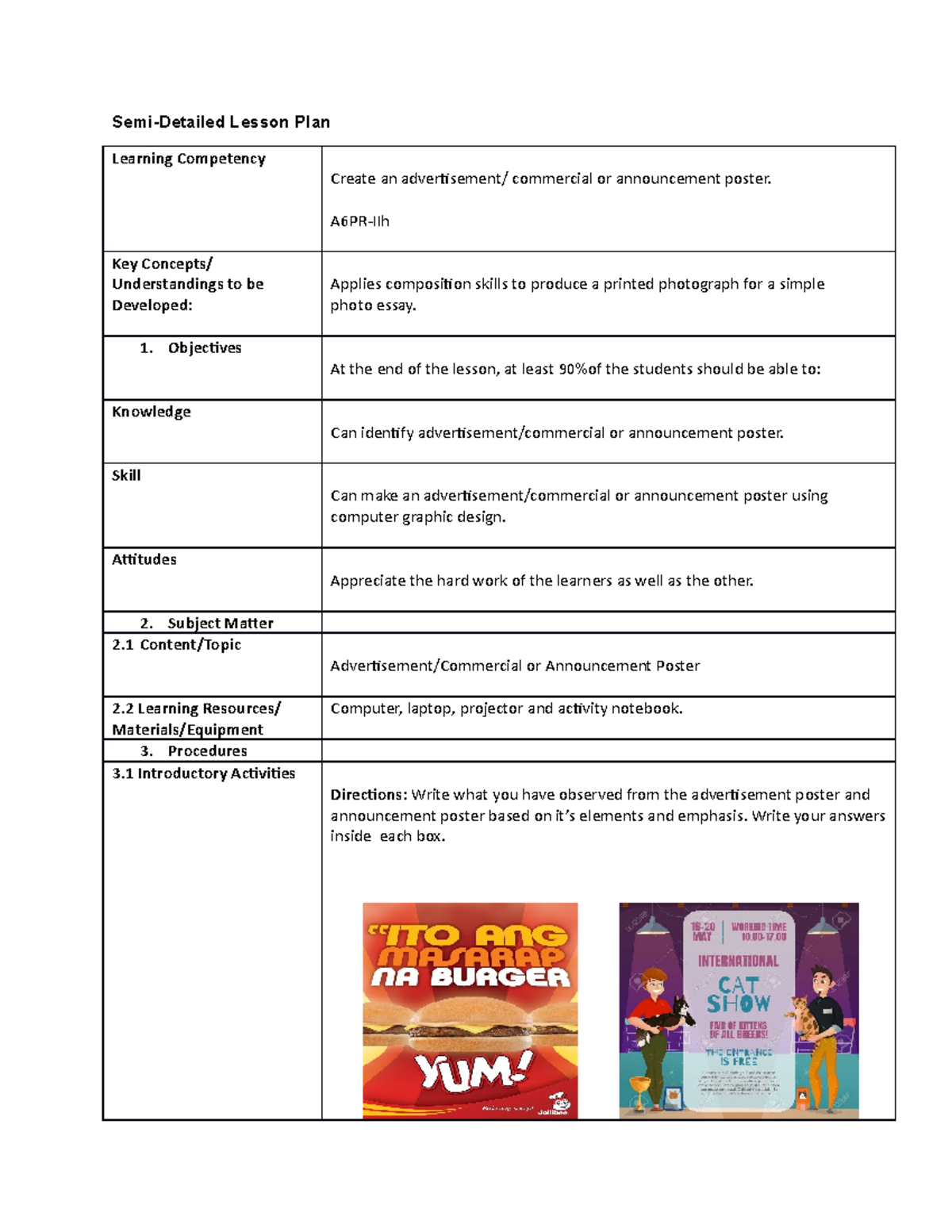 Semi-Detailed Lesson Plan 4 - Semi-Detailed Lesson Plan Learning ...