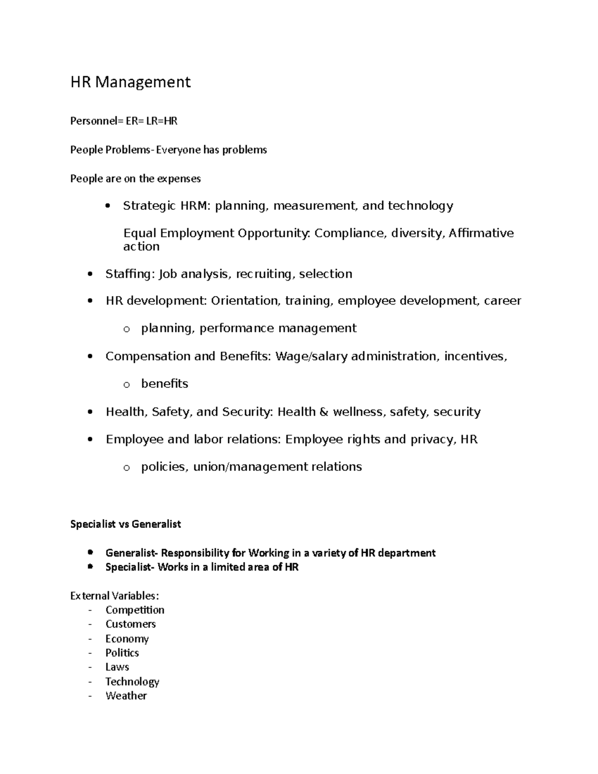 HR Management Notes (R) HR Management Personnel= ER= LR=HR People