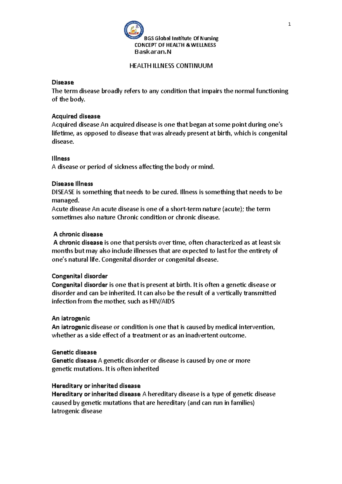 Health Illness Contimuum 1 BGS Global Institute Of Nursing CONCEPT OF 