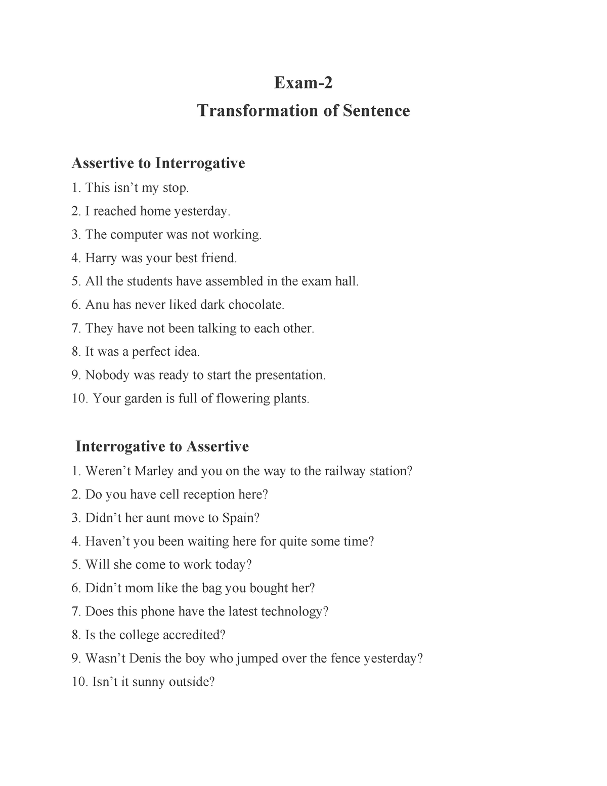 Assertive To Interrogative With Answer Exam Transformation Of 