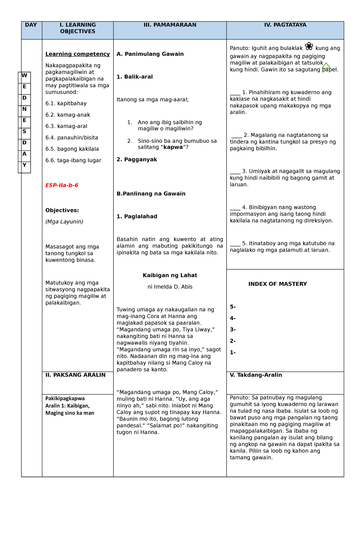 DLP -ESP-Q2-W-1-D3 - Dlp - DAY I. LEARNING OBJECTIVES III. PAMAMARAAN ...