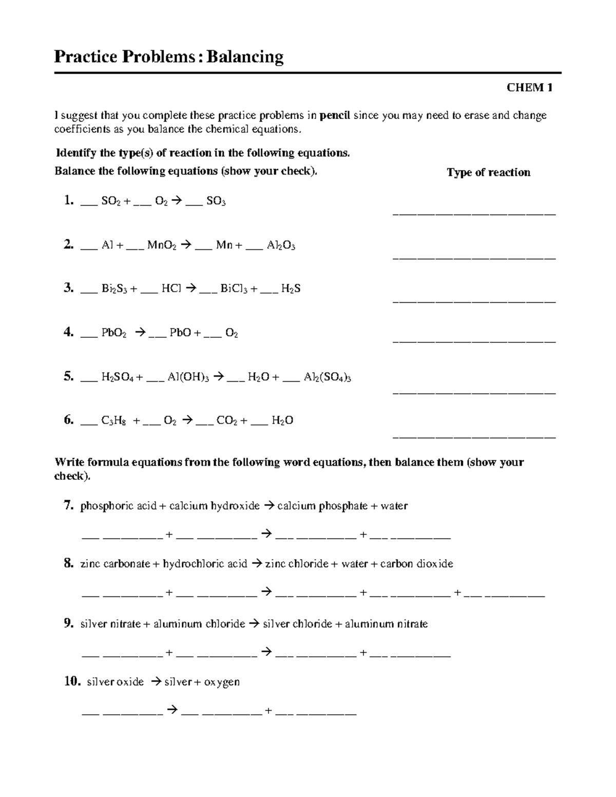 Balancing Chemical Equations Practice - Practice Problems : Balancing 