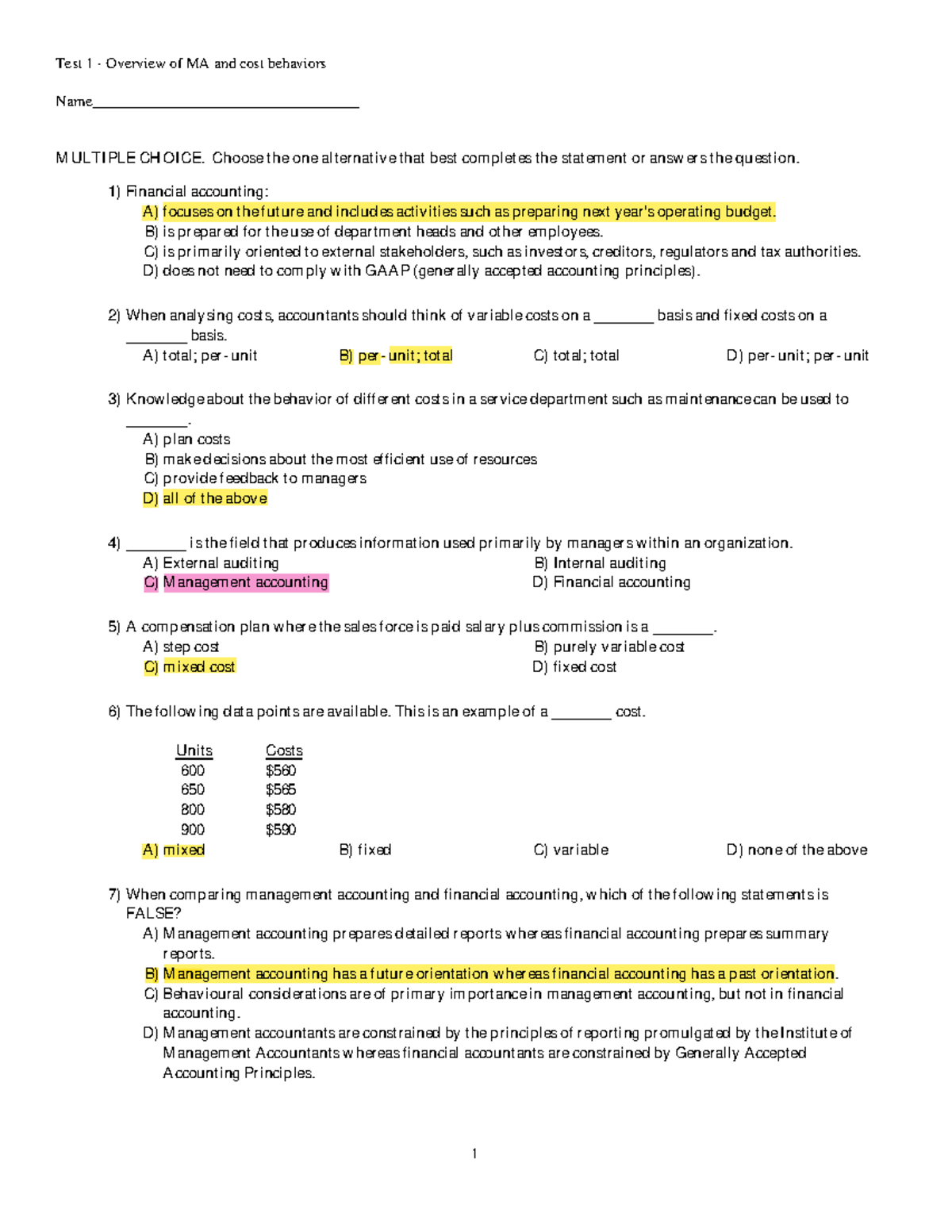 MCQs - Overview of MA and cost classifications - Test 1 - Overview of ...