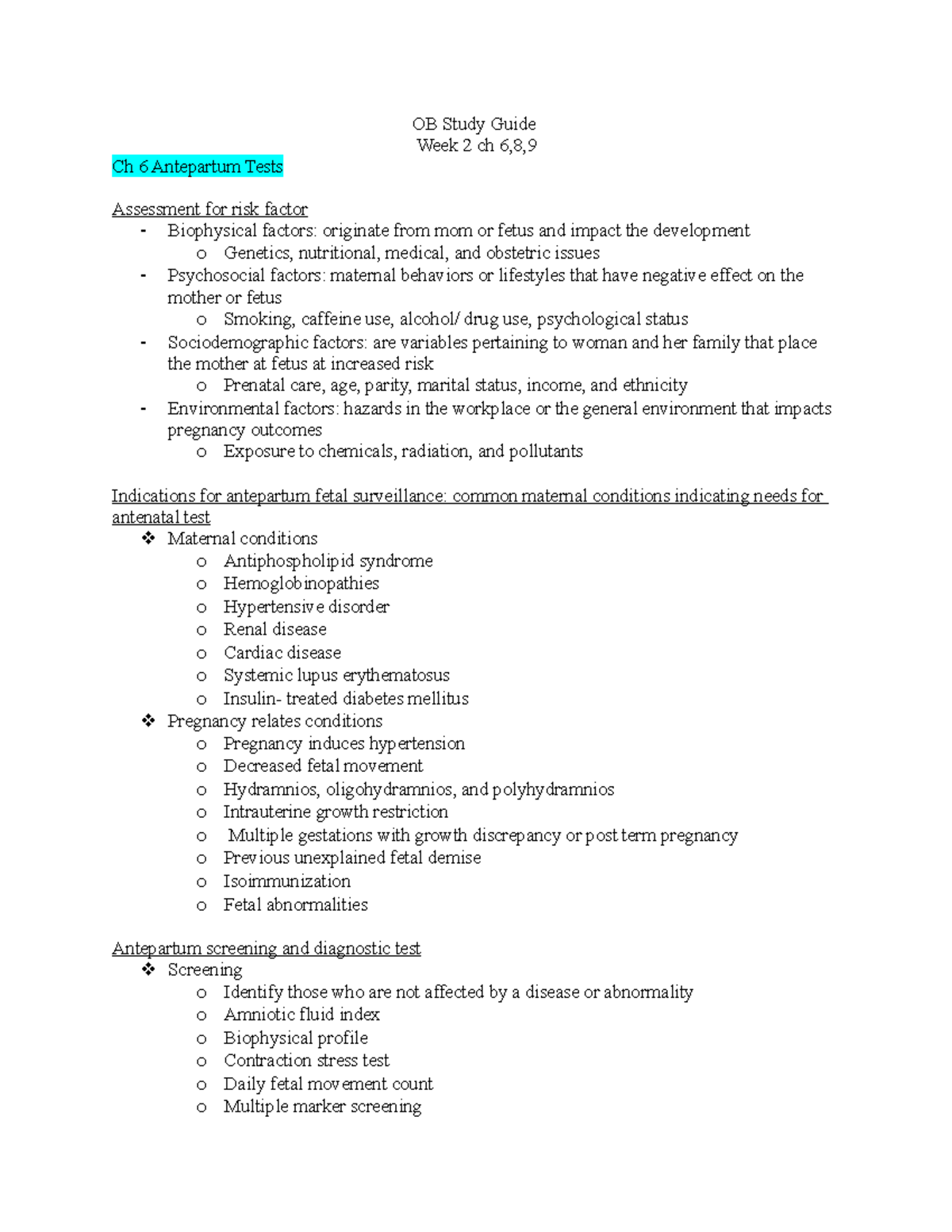 OB WEEK 2 - dfsf - OB Study Guide Week 2 ch 6,8, Ch 6 Antepartum Tests ...