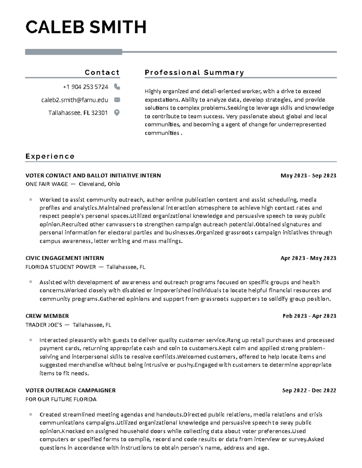 Caleb smith 2023 resume - CALEB SMITH +1 904 253 5724 caleb2@famu ...