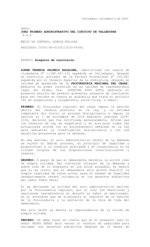 Alegatos DE Conclusion - Valledupar, diciembre 6 de 2020. Señor JUEZ  PRIMERO ADMINISTRATIVO DEL - Studocu