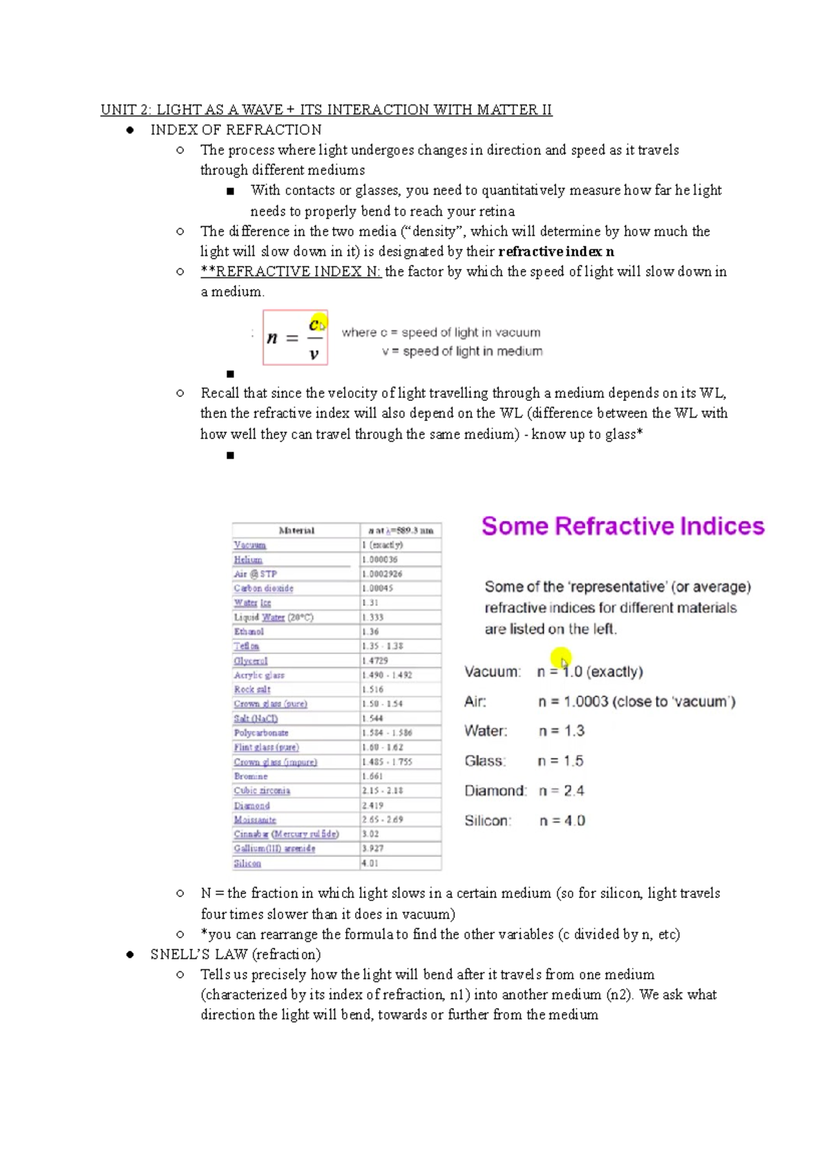 UNIT 2 LIGHT AS A WAVE + ITS INTERACTION WITH MATTER II - Recall that ...