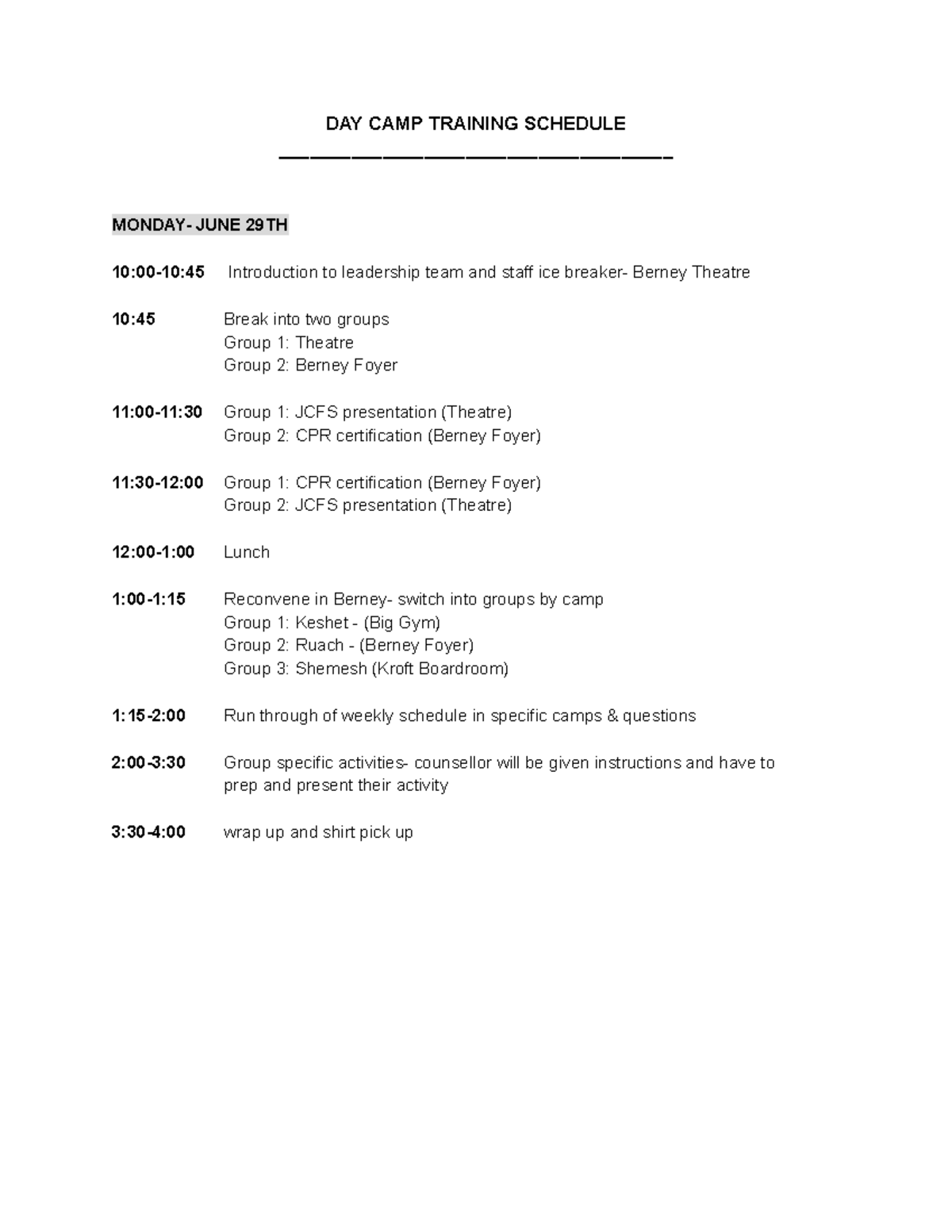 DAY CAMP Training Schedule - DAY CAMP TRAINING SCHEDULE