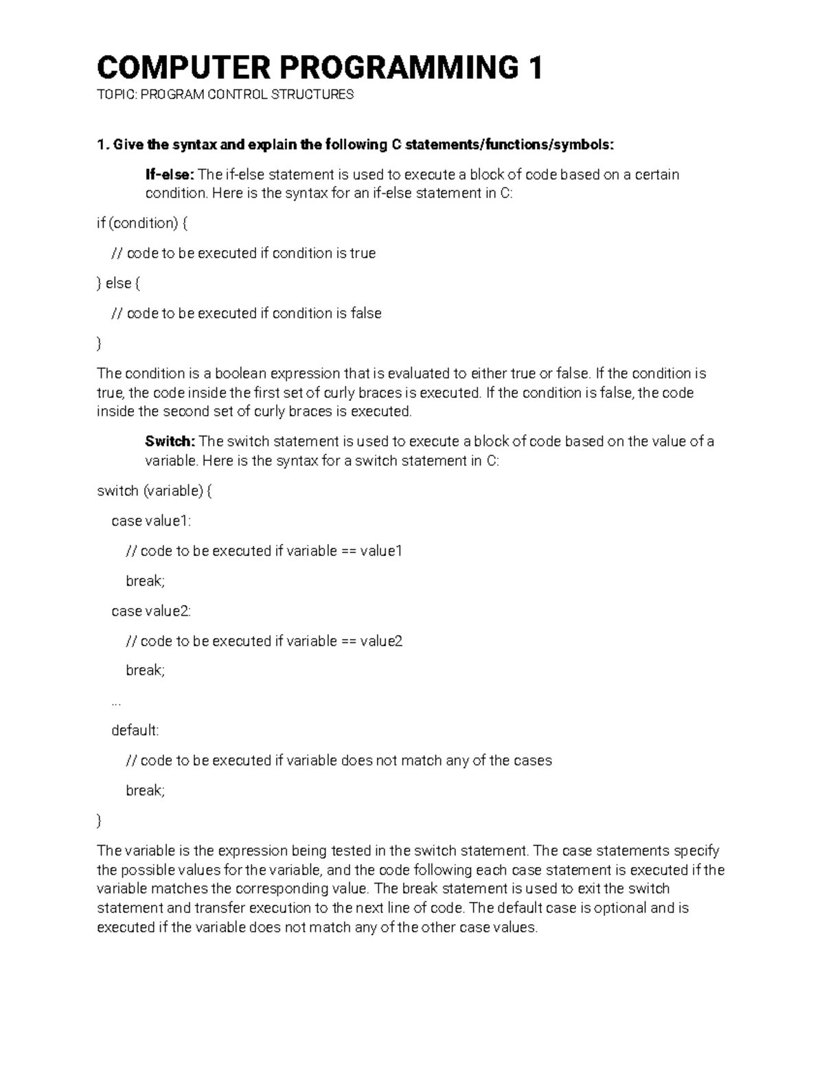 CP1 Program Control Structures - TOPIC: PROGRAM CONTROL STRUCTURES Give ...