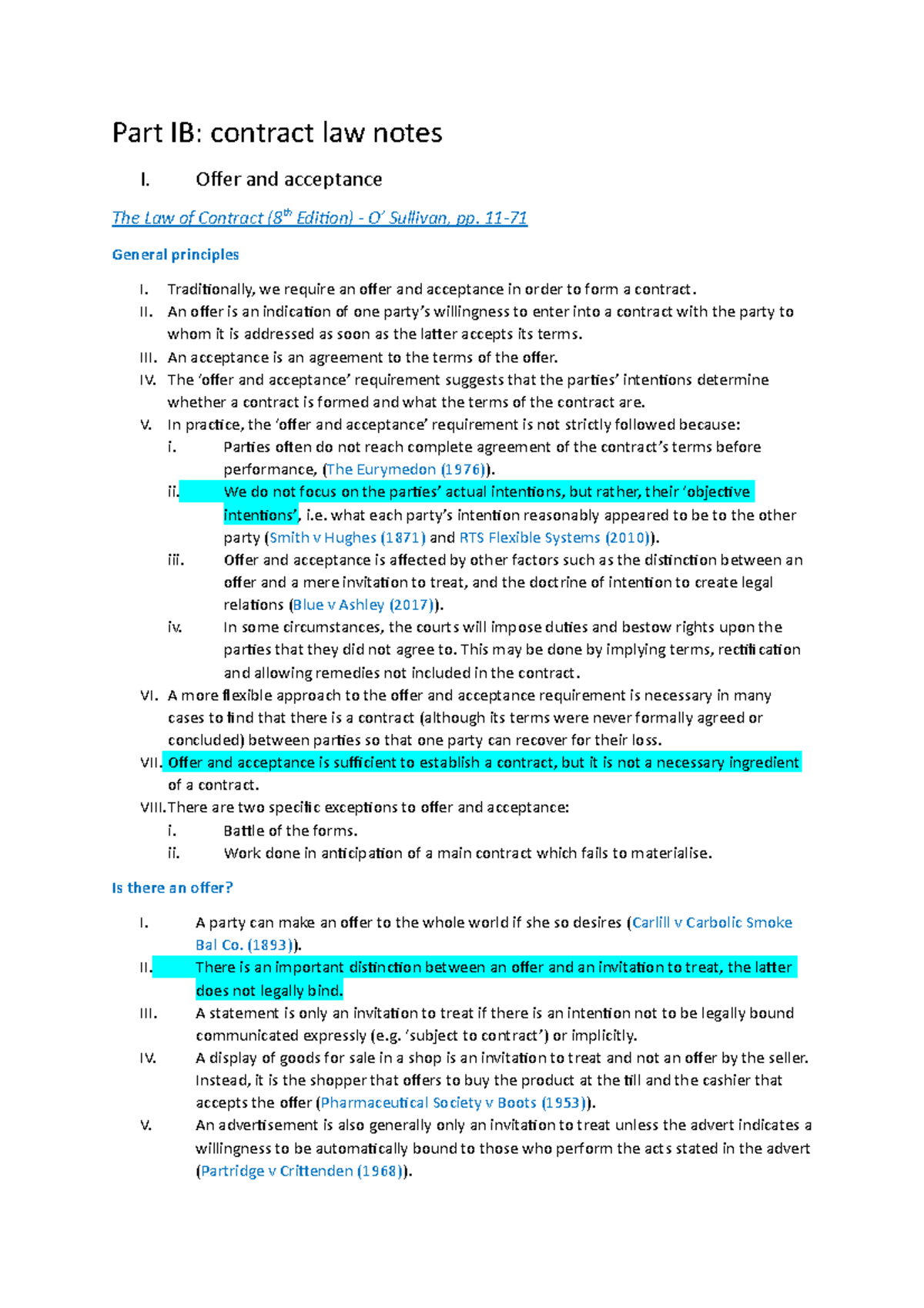 Contract Law Offer And Acceptance Part Ib Contract Law Notes I