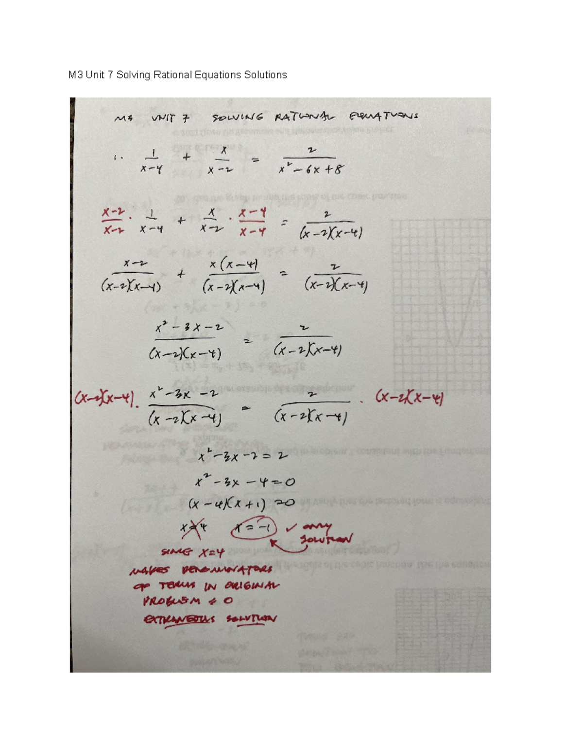 M3 Unit 7 Solving Rational Equations Solutions - Studocu