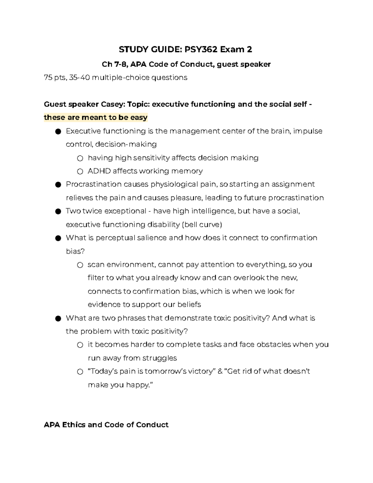 Fall 22 Exam 2 Study Guide - STUDY GUIDE: PSY362 Exam 2 Ch 7-8, APA ...