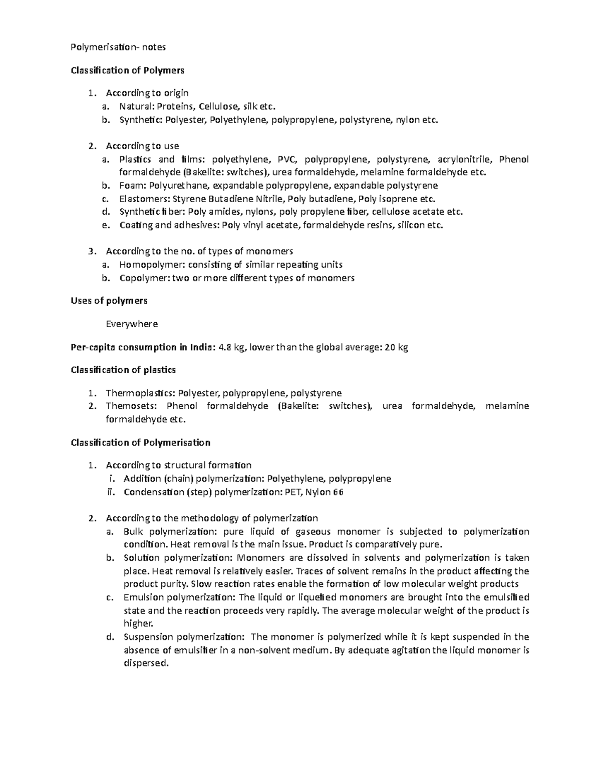 Polymerisation-notes - Polymerisation- notes Classification of Polymers ...