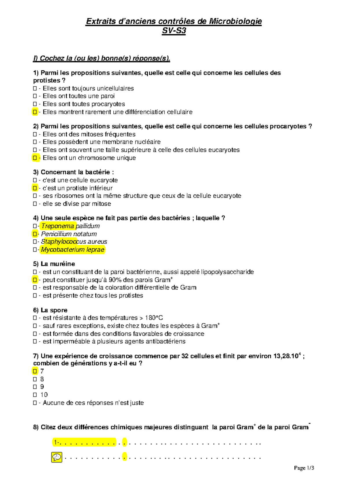 Microbio s3 examen 3 - Page 1/ Extraits d’anciens contrôles de