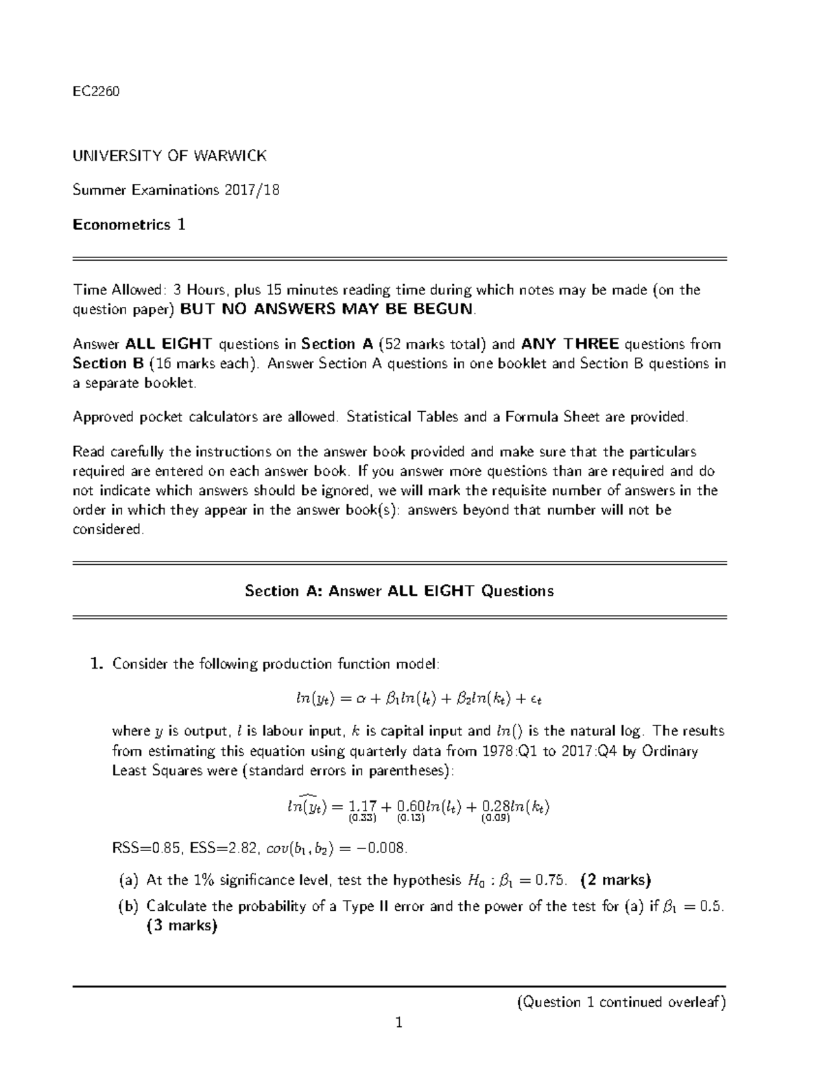 EC226 Econometrics 1: Practice Paper - UNIVERSITY OF WARWICK Summer ...