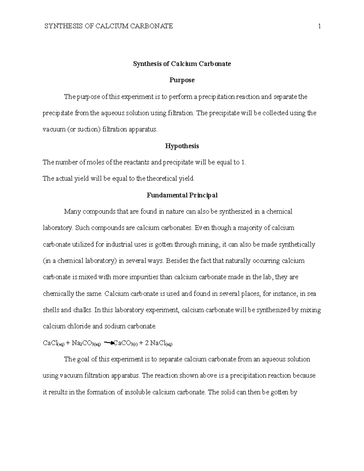 Synthesis lab - Chemistry Labs - Synthesis of Calcium Carbonate Purpose ...