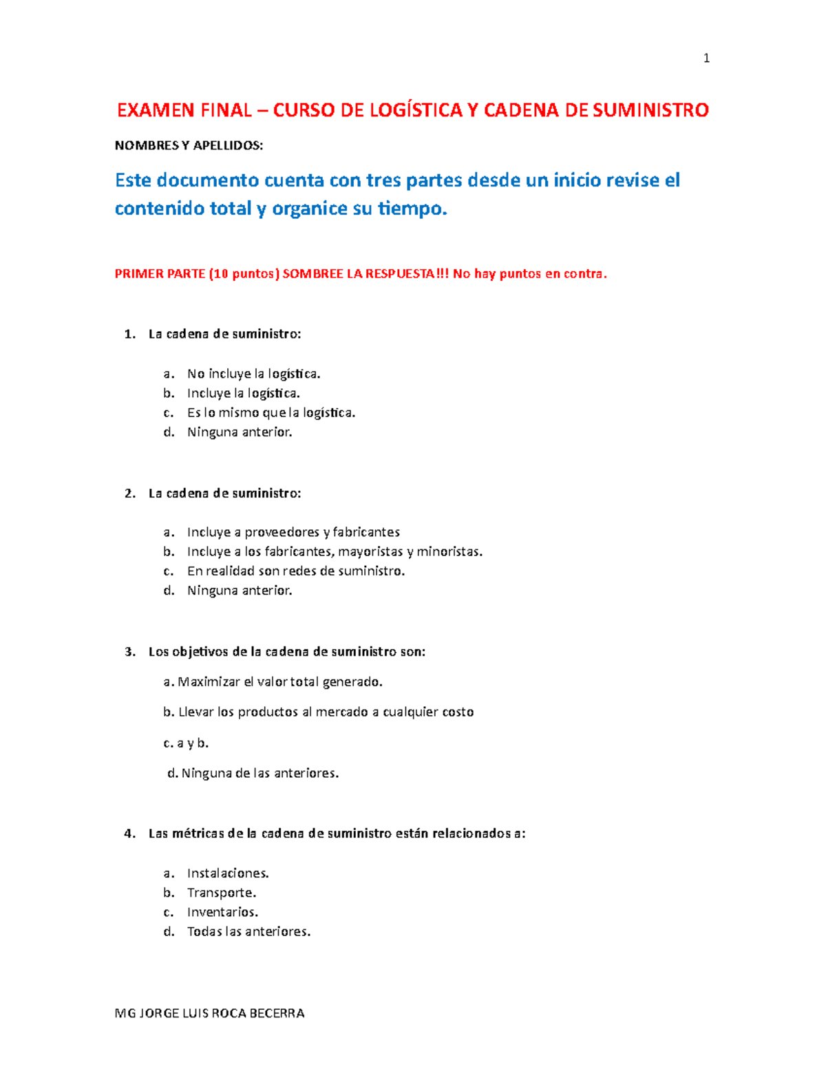 Examen Final - Logística y SCM - EXAMEN FINAL – CURSO DE LOGÍSTICA Y ...