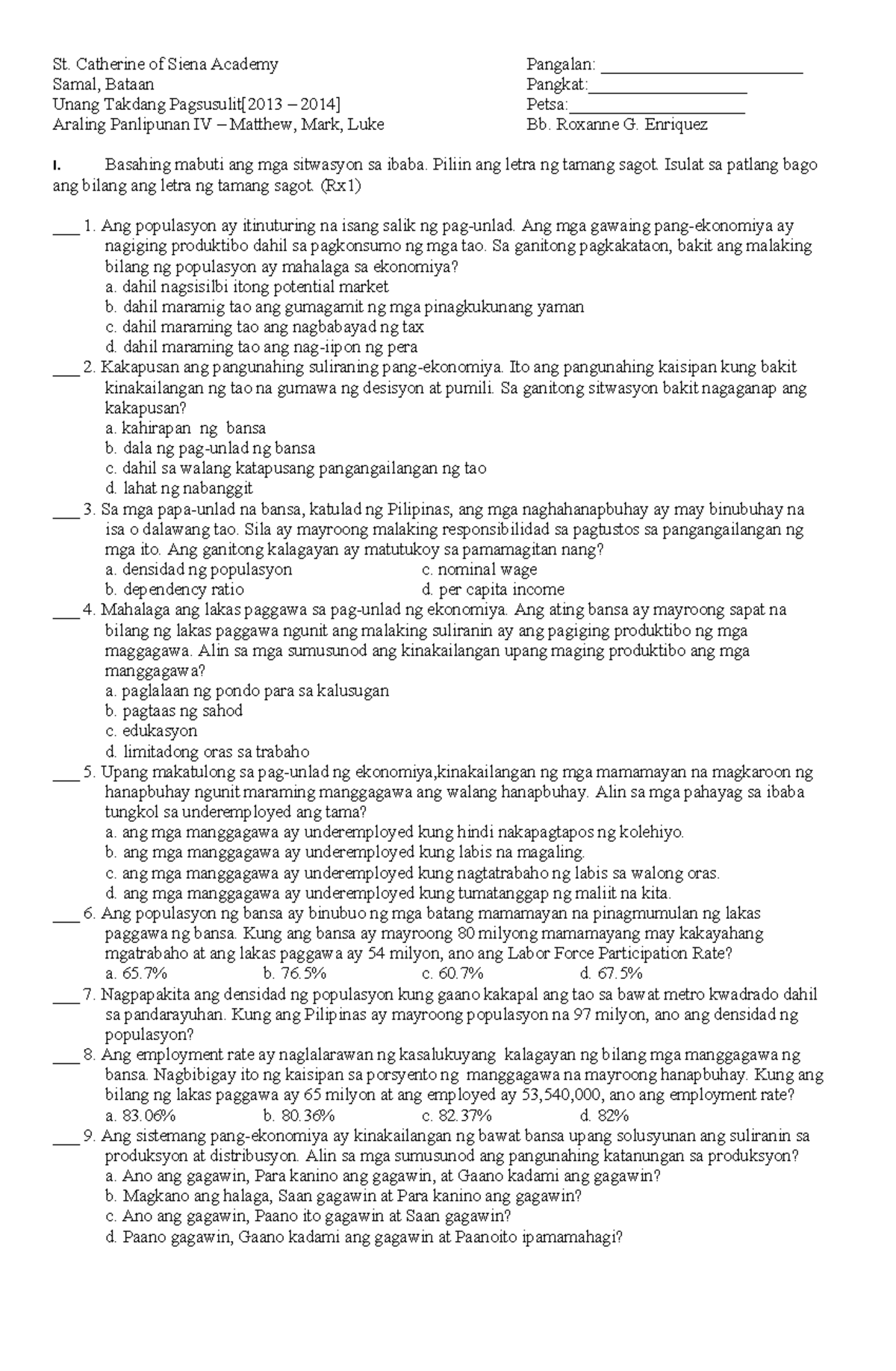 First p.t in a.p iv - ms word - St. Catherine of Siena Academy Pangalan