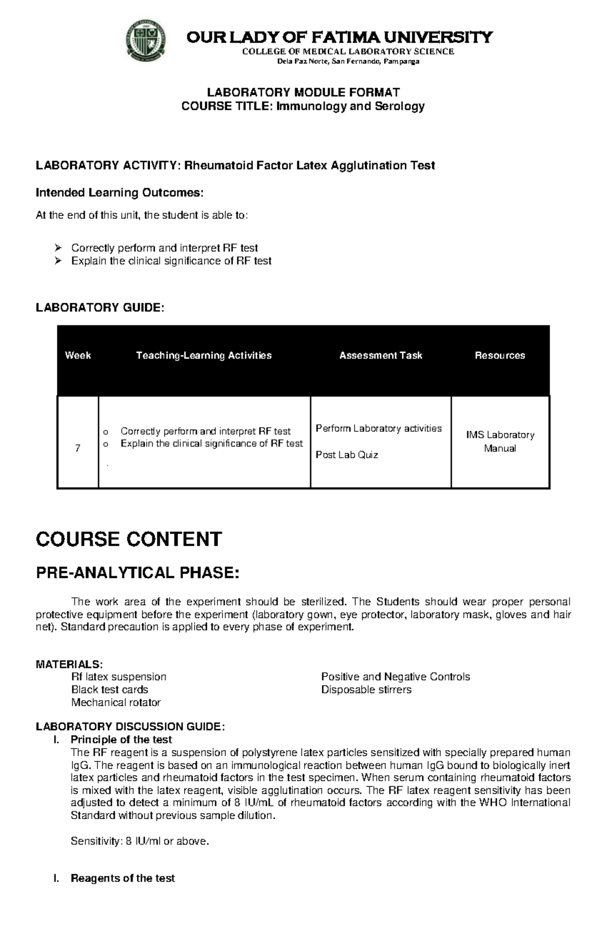 RF Latex TEST Study Module - COLLEGE OF MEDICAL LABORATORY SCIENCE Dela ...