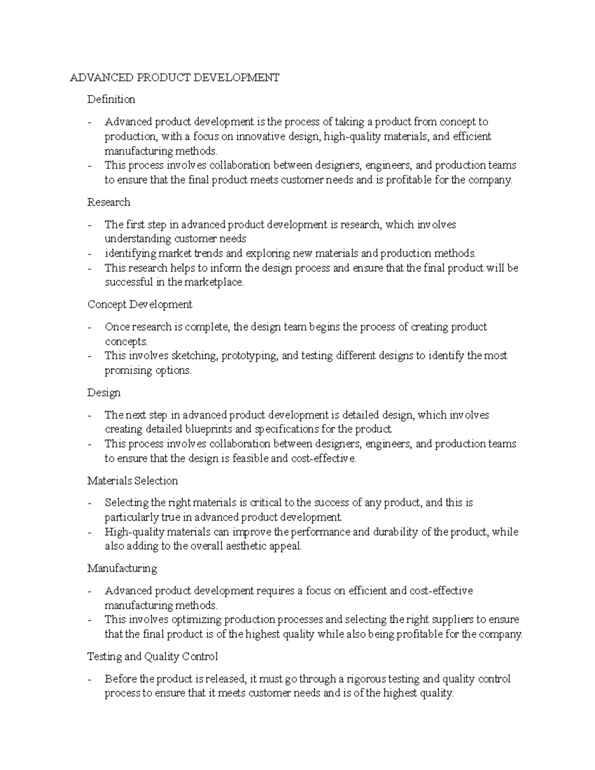 Advanced Product Development Notes 1 ADVANCED PRODUCT DEVELOPMENT