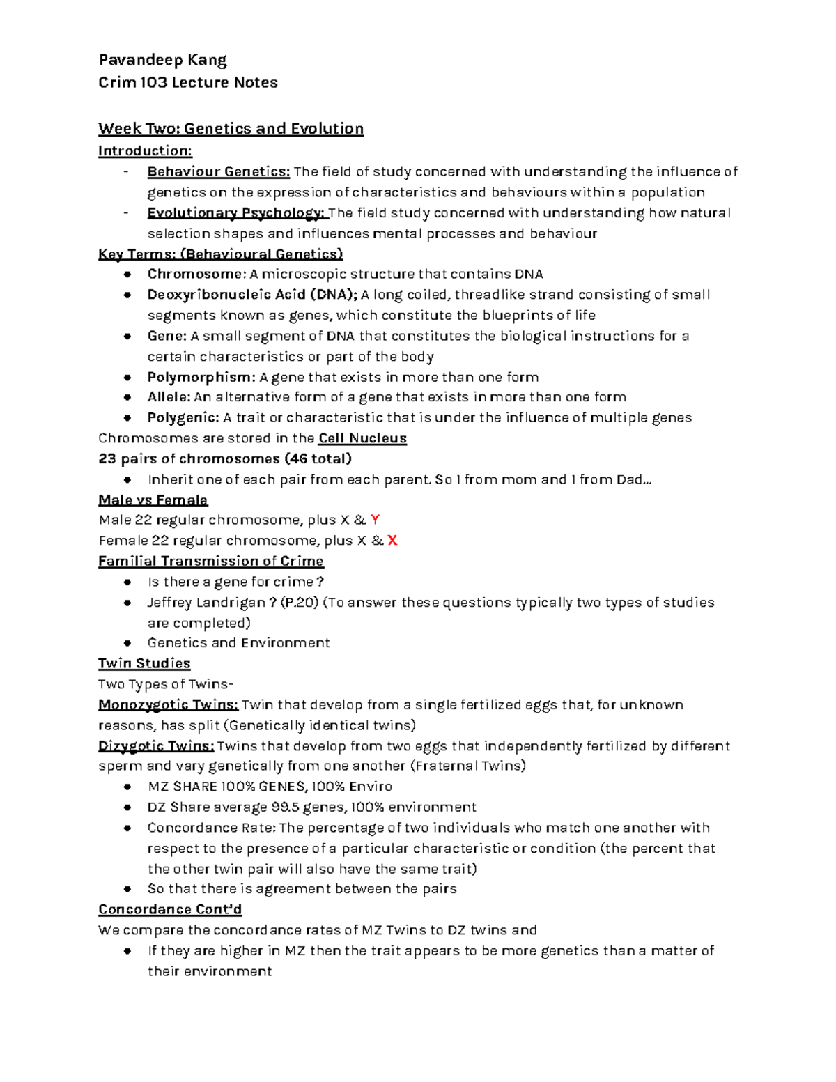 Crim 103 Lecture Notes - Crim 103 Lecture Notes Week Two: Genetics and ...