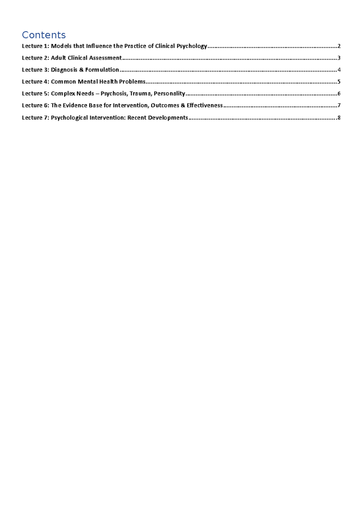 Clinical Cheat Sheet - Contents Lecture 1: Models that Inluence the ...