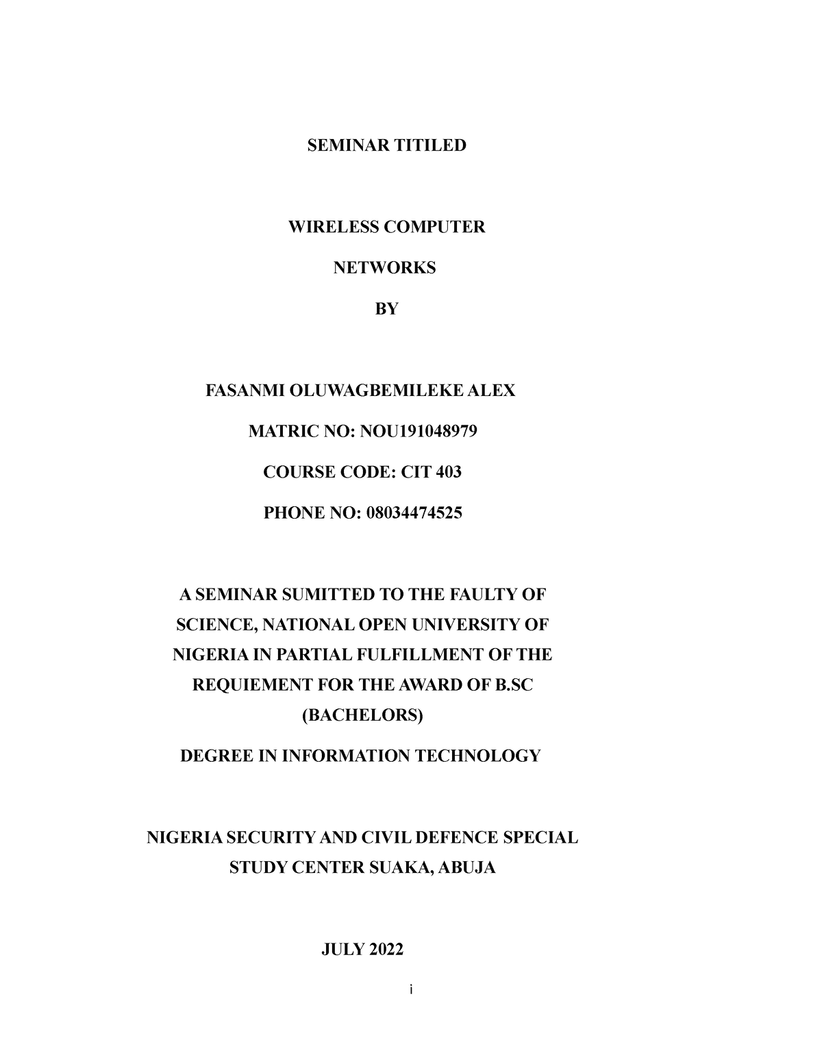 Alex Seminar front page - SEMINAR TITILED WIRELESS COMPUTER NETWORKS BY ...