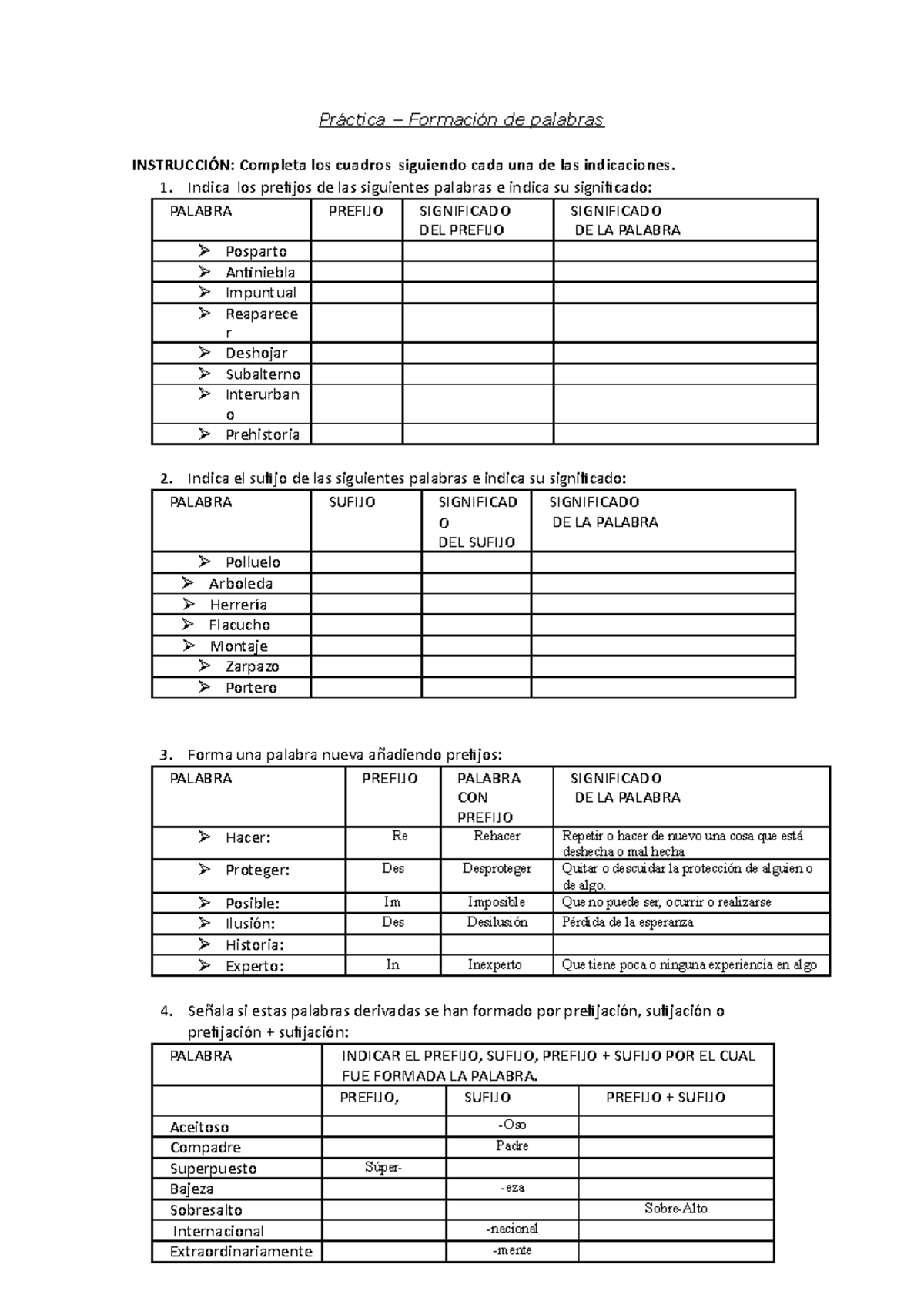 Cuadro 04 - Lengua - Práctica – Formación de palabras INSTRUCCIÓN: Completa  los cuadros siguiendo - Studocu