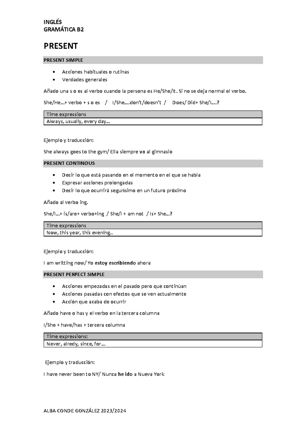 Gramática Inglés B2 - GRAMÁTICA B PRESENT PRESENT SIMPLE Acciones ...