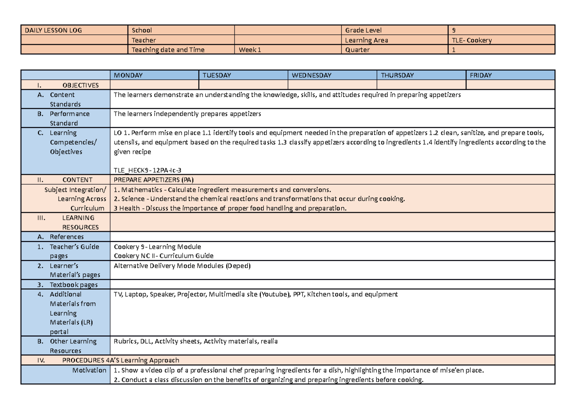 Cookery 9 Q1 DLL Week3 - DAILY LESSON LOG School Grade Level 9 Teacher ...