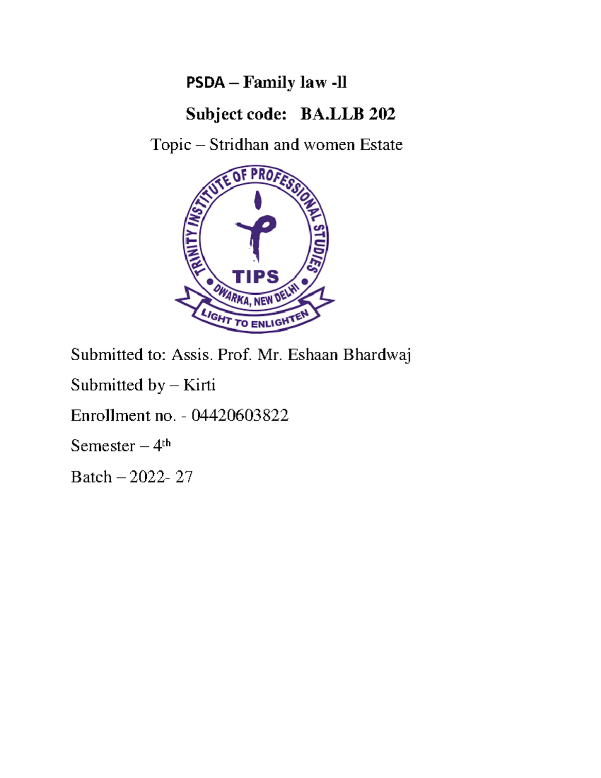 assignment of family law ii - PSDA – Family law - ll Subject code: BA ...