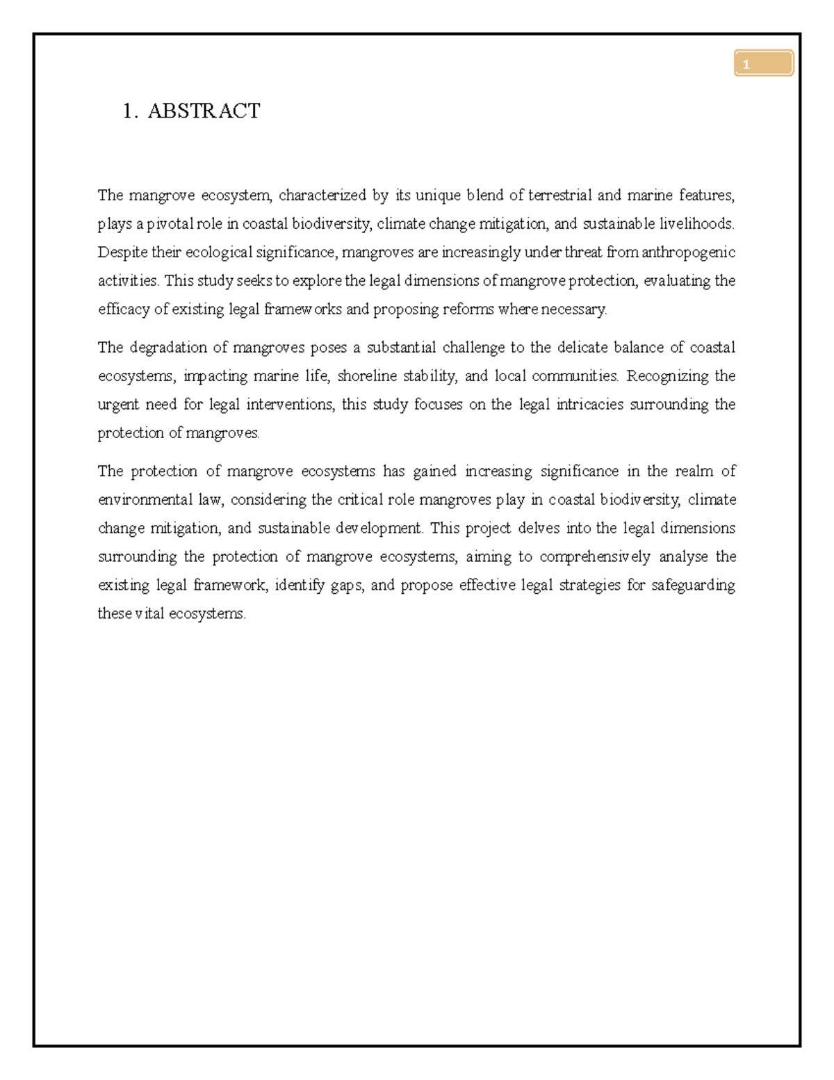 Envi main - Topic- Protection of Mangrove ecosystem - 1. ABSTRACT The ...