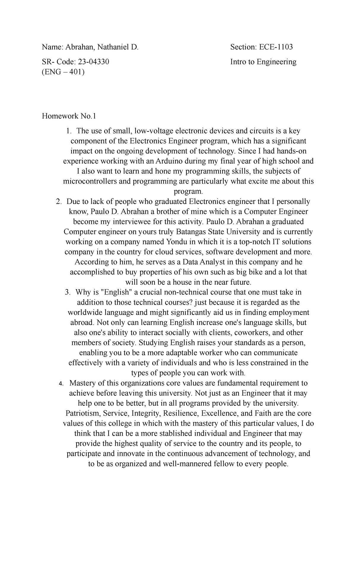 Intro to eng homework - Name: Abrahan, Nathaniel D. Section: ECE- SR ...