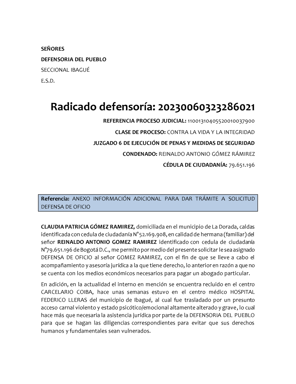 Solicitud Defensa De Oficio Se—ores Defensoria Del Pueblo Seccional