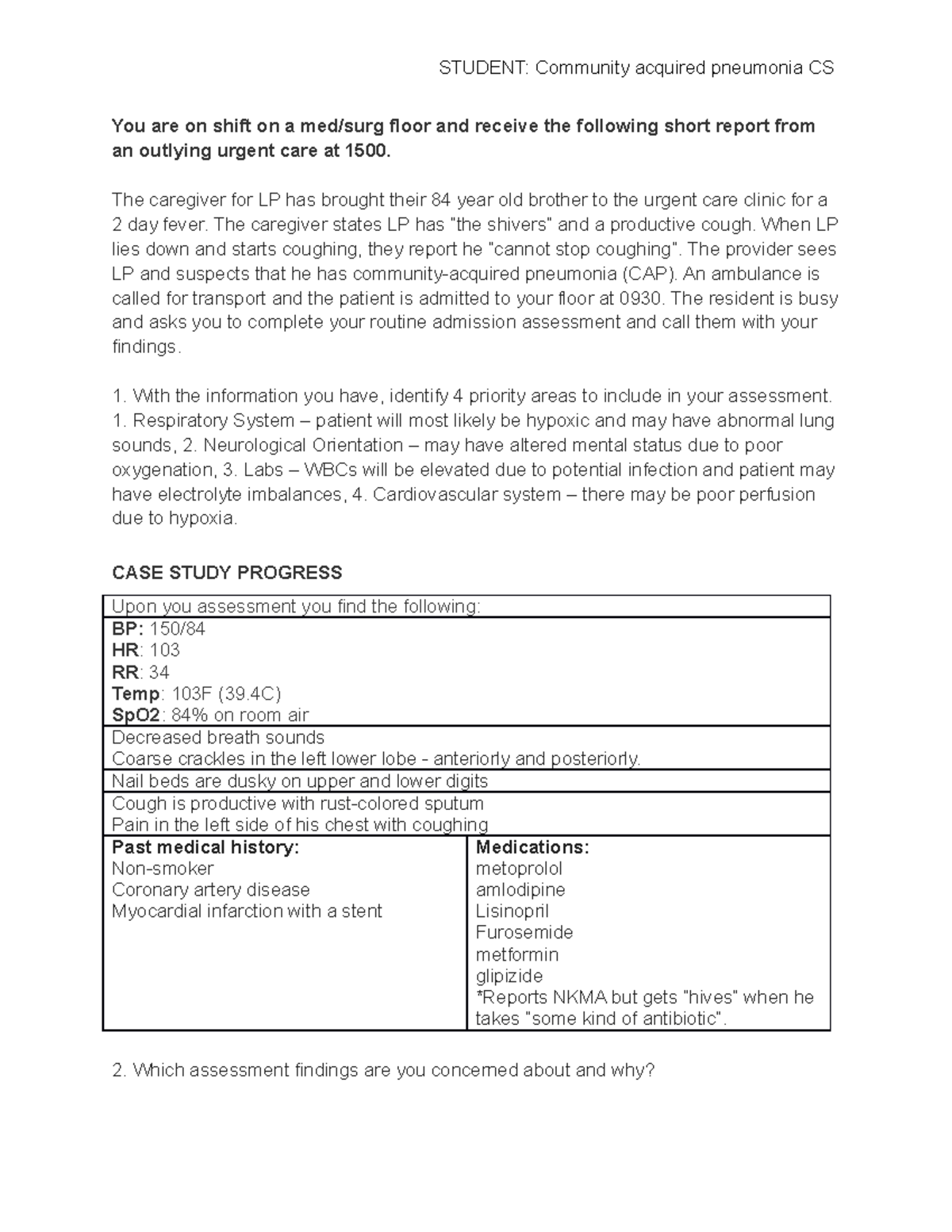 Community Acquired Pneumonia Case Study - You are on shift on a med/surg  floor and receive the - Studocu