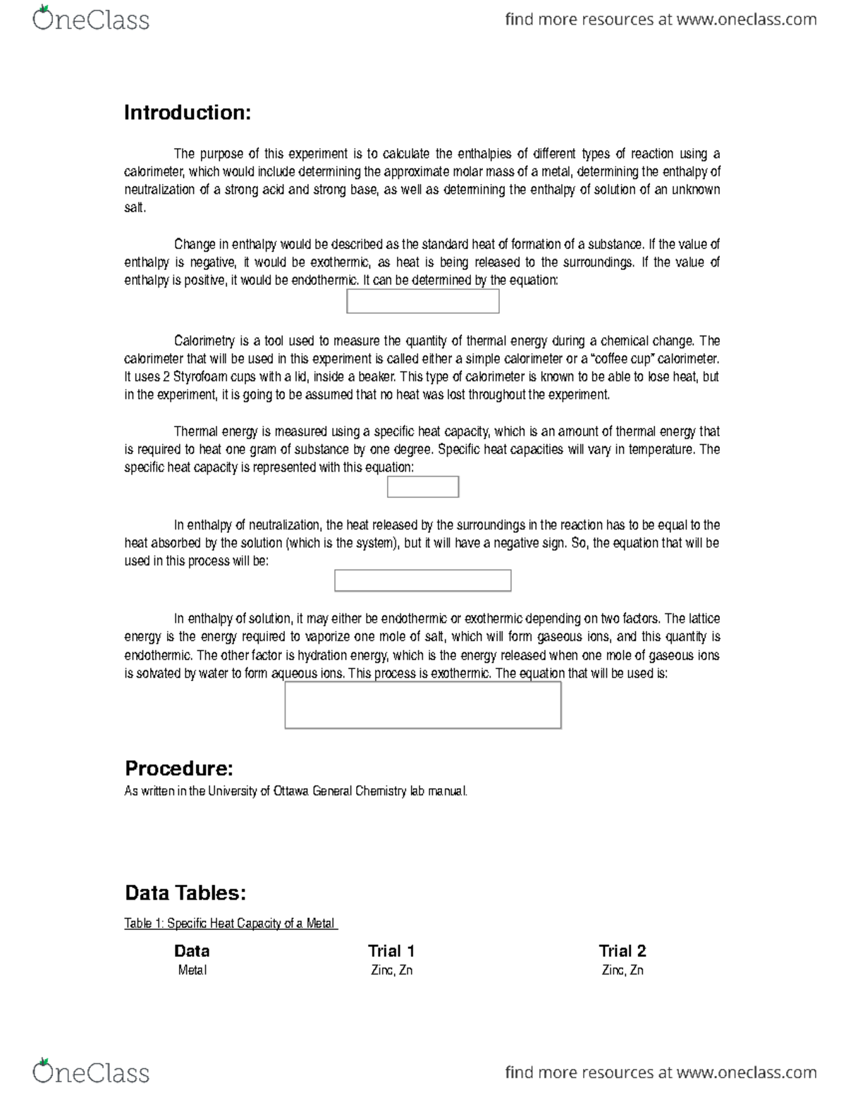 Enthalpy Lab - Introduction: The Purpose Of This Experiment Is To 