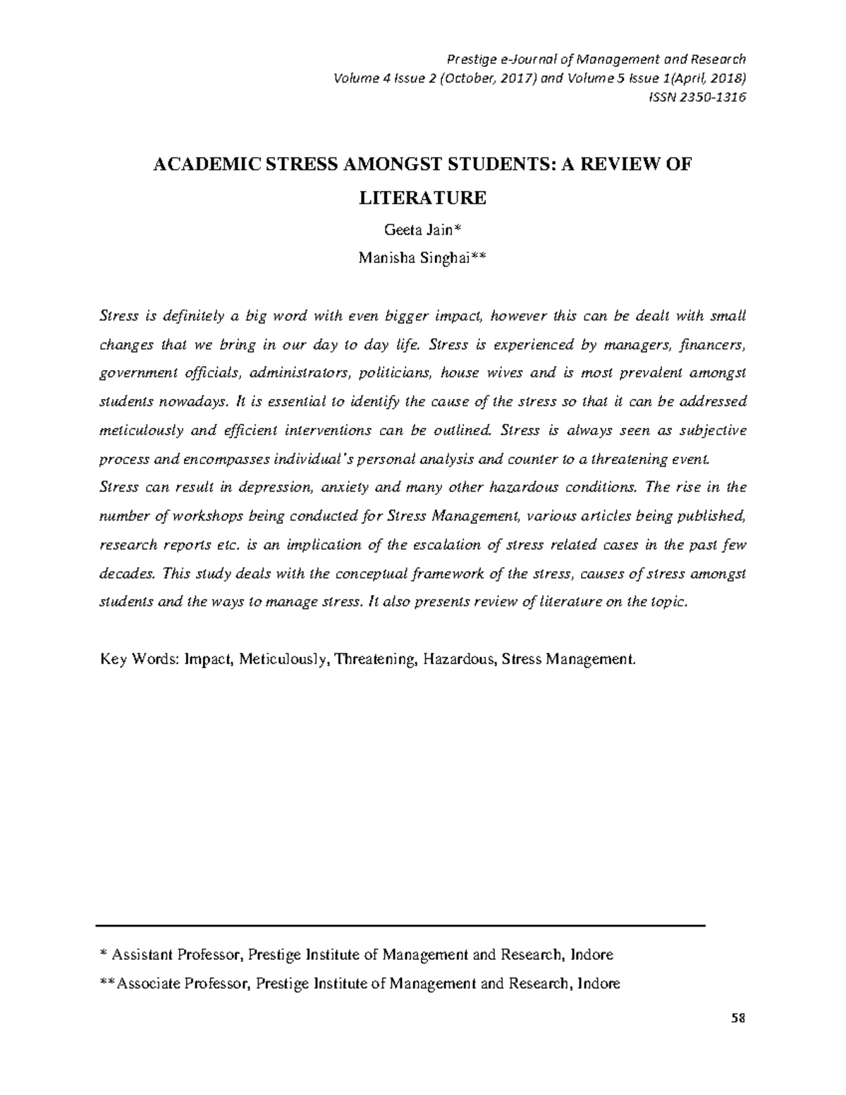 literature review about academic stress