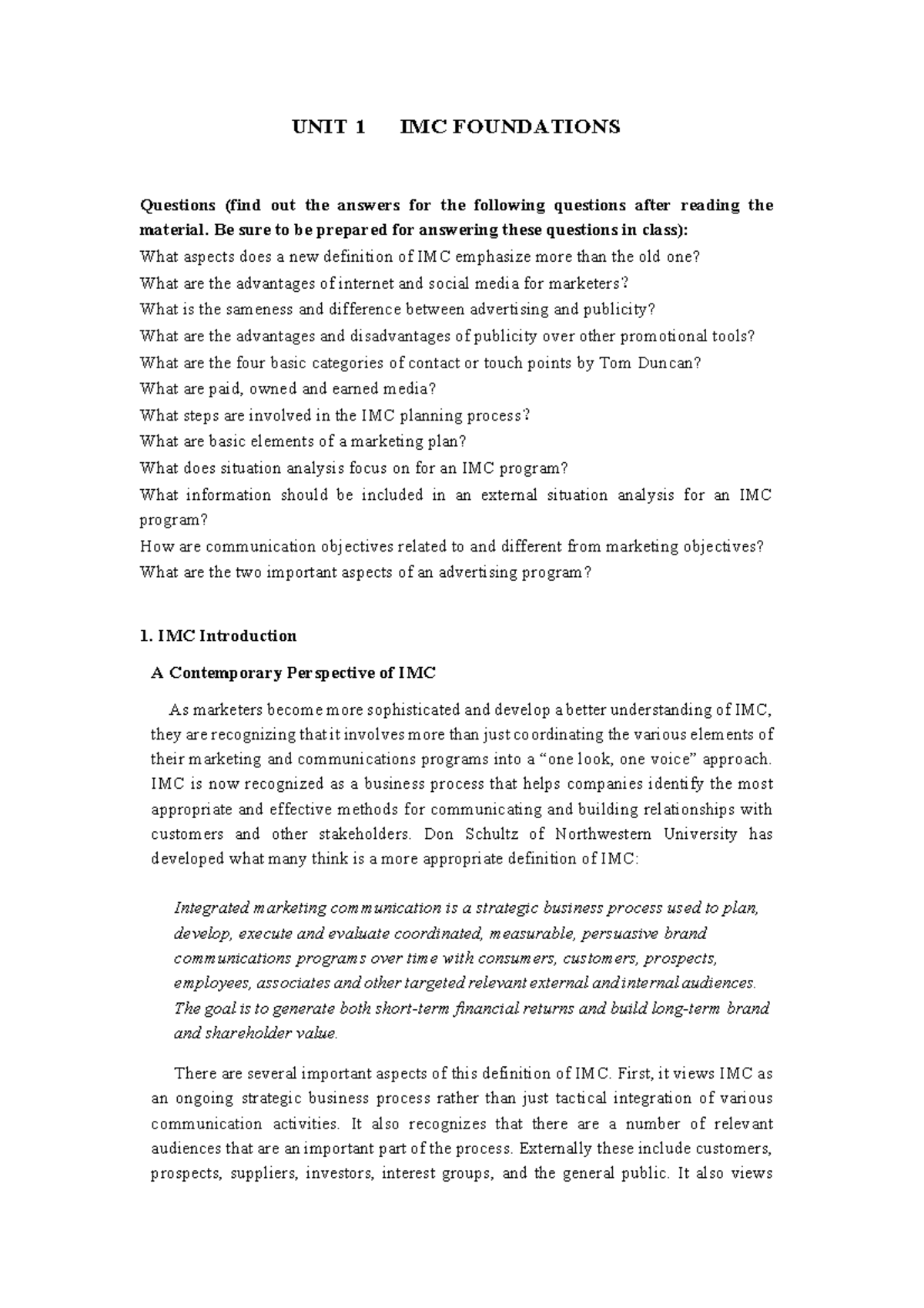国际广告 UNIT 1 for students- introduction to IMC - UNIT 1 IMC FOUNDATIONS ...