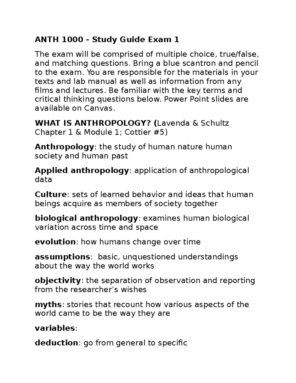 ANTH 1000- Study Guide Exam 1 - Warning: TT: More Functions Defined ...