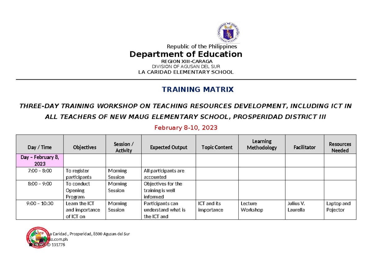 Training-Matrix-la caridad-ES - Department of Education REGION XIII ...