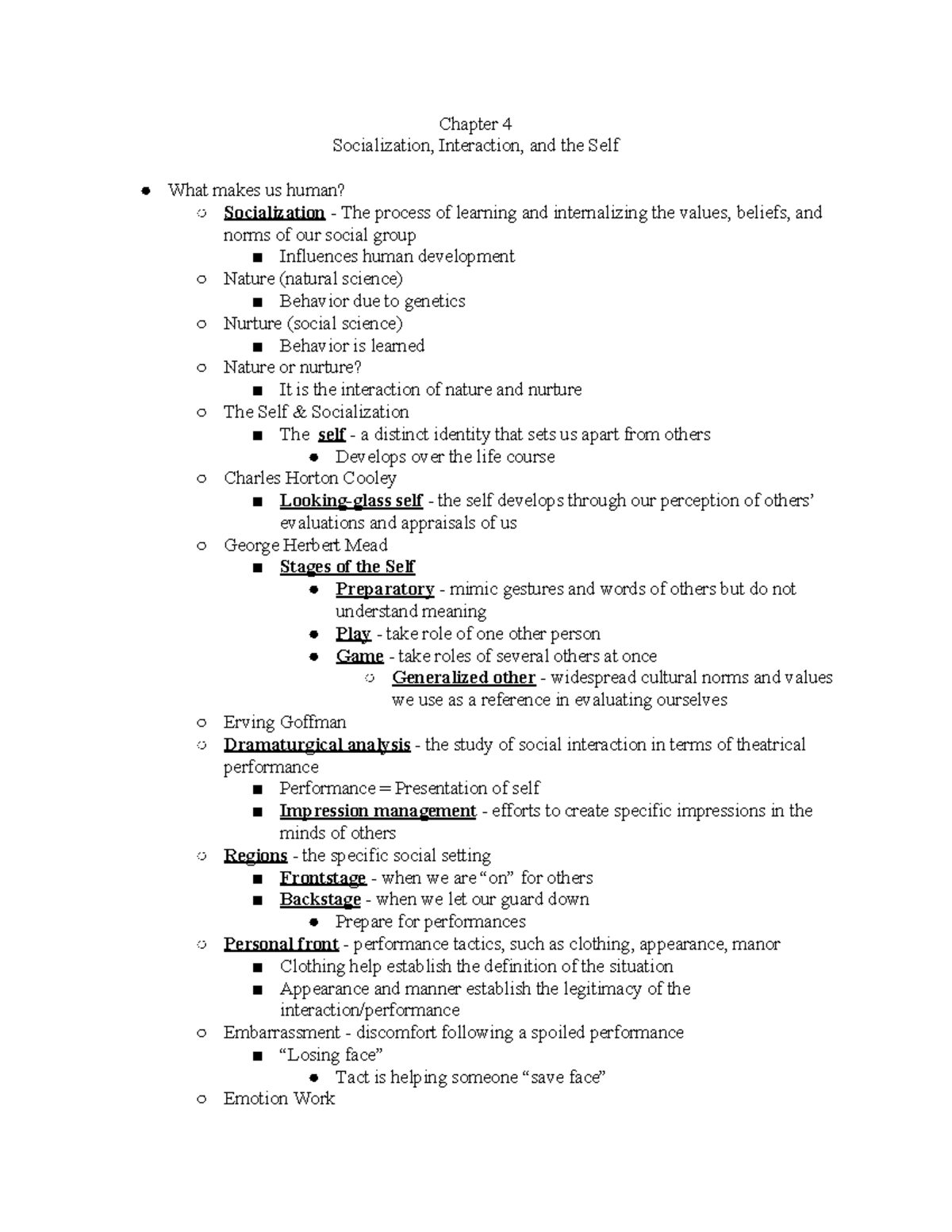 Sociology Ch. 4 Notes - Chapter 4 Socialization, Interaction, And The ...