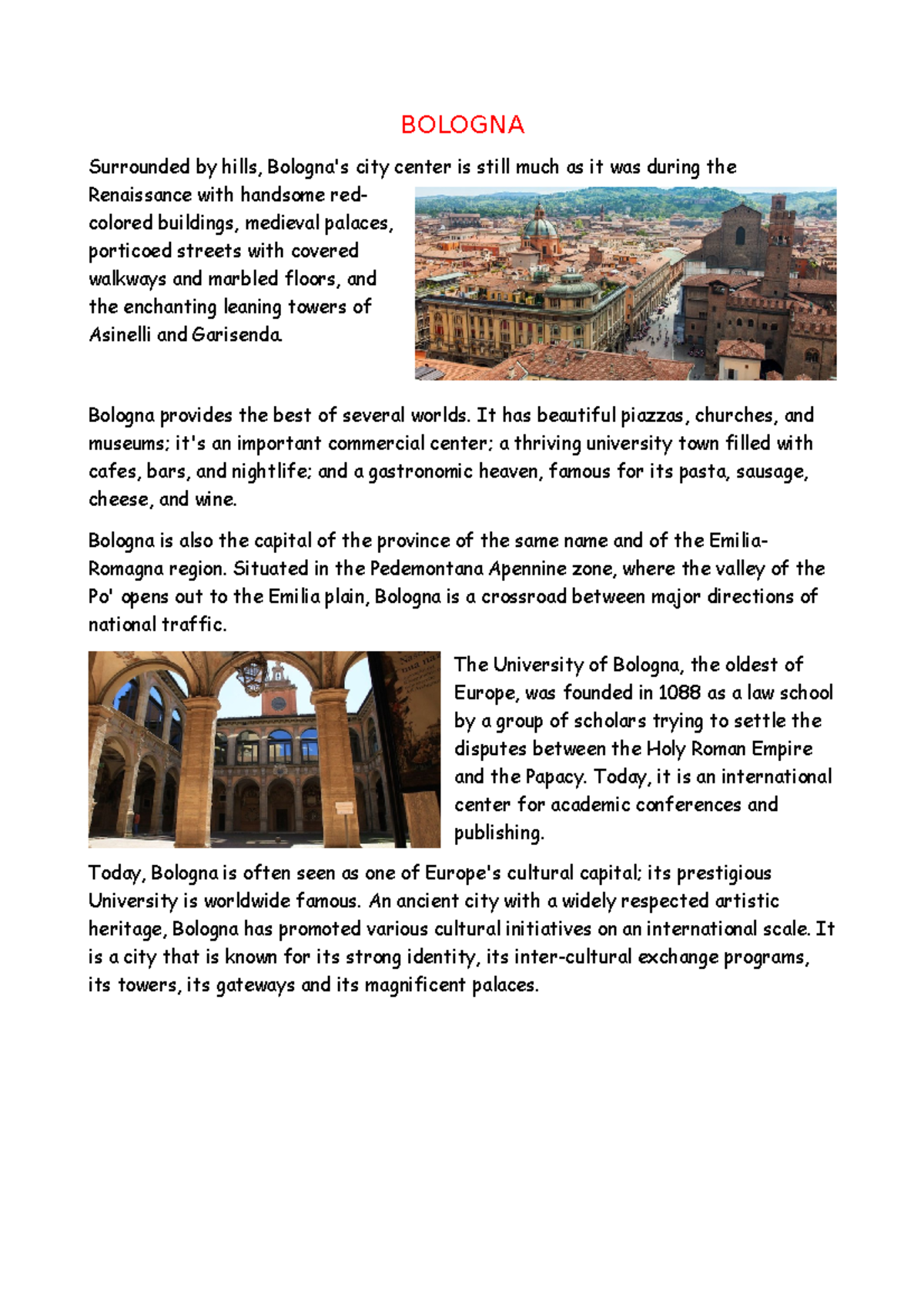 Bologna descrizione in inglese BOLOGNA Surrounded by hills, Bologna's