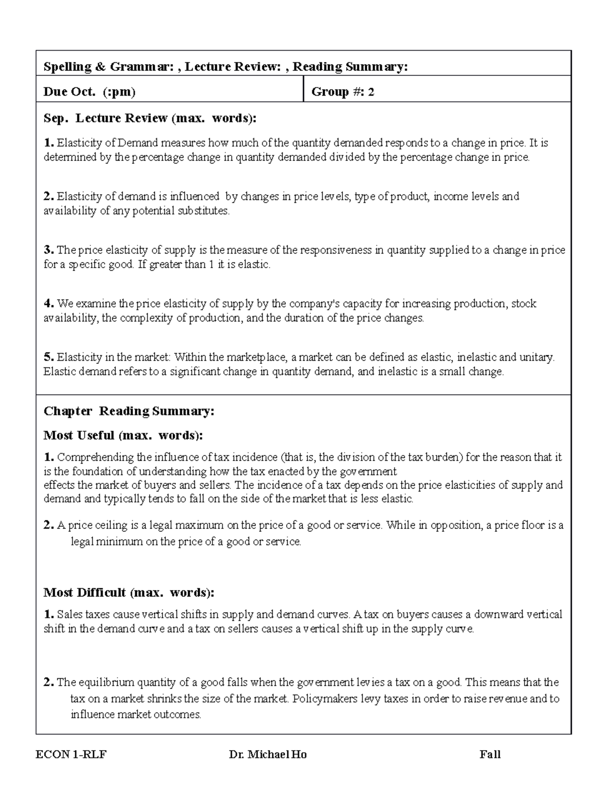 Summary econ 2 - Microeconomics activity - Spelling & Grammar ...