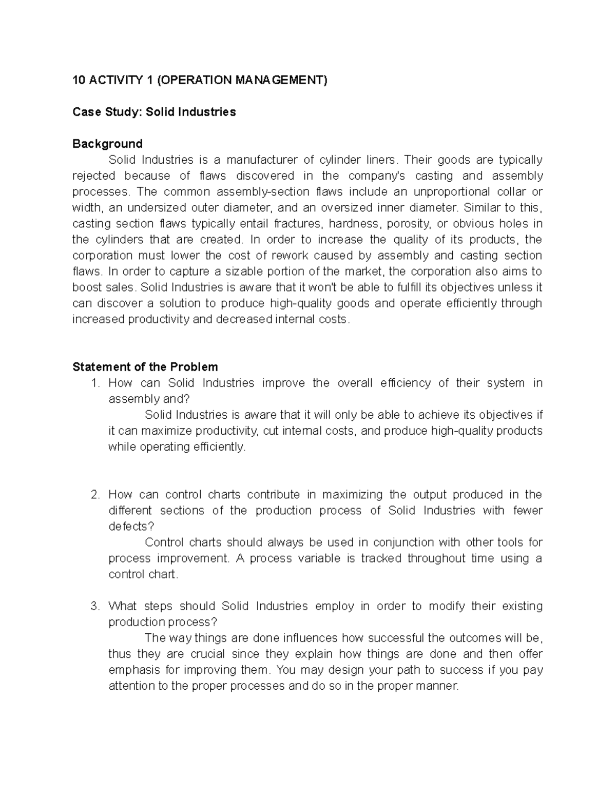 10 Activity 1 - 10 ACTIVITY 1 (OPERATION MANAGEMENT) Case Study: Solid ...
