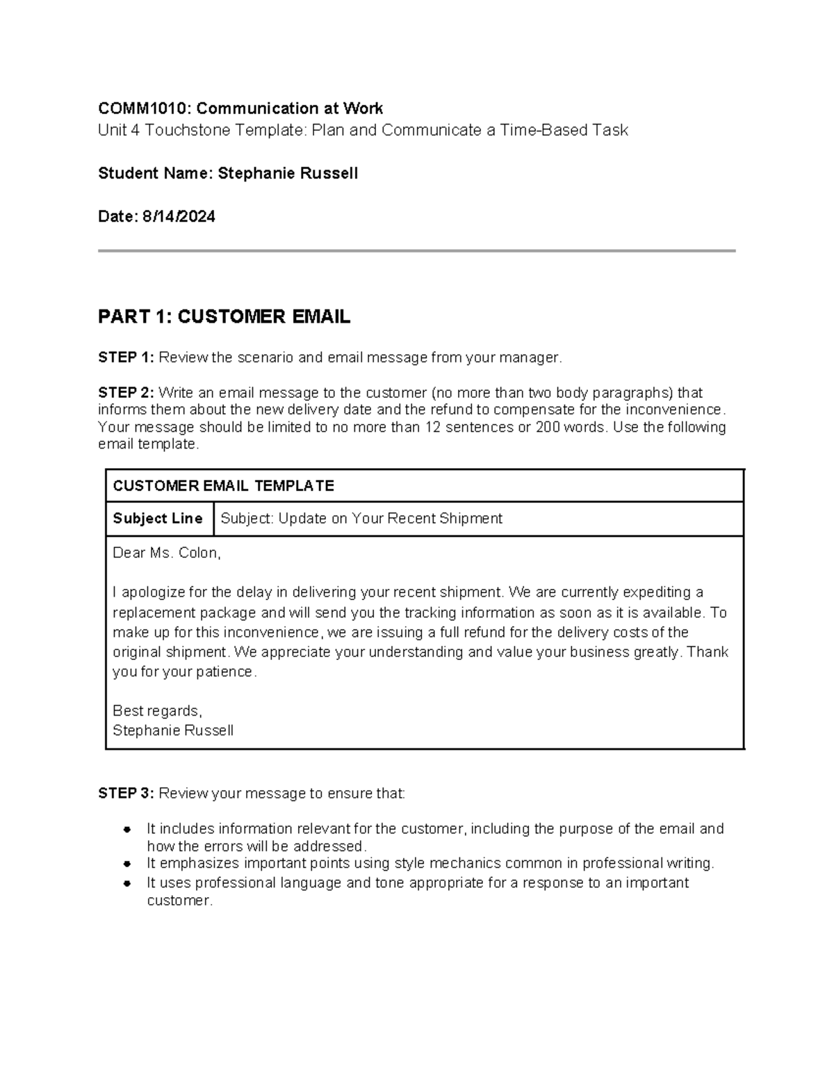 Complete Template for Unit 4 Touchstone - Communication at Work.docx ...